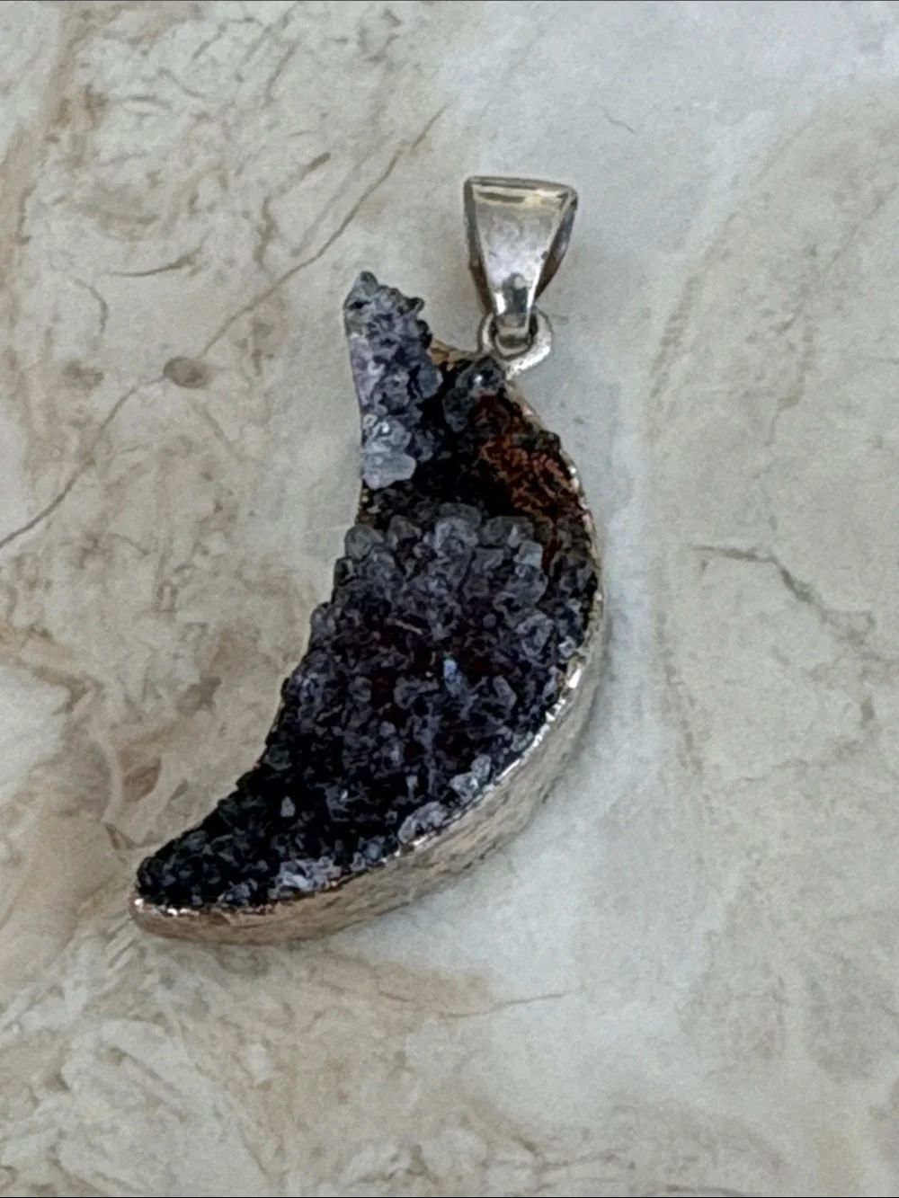 Handcrafted Sterling Set Amethyst Druzy Crescent Moon Pendant